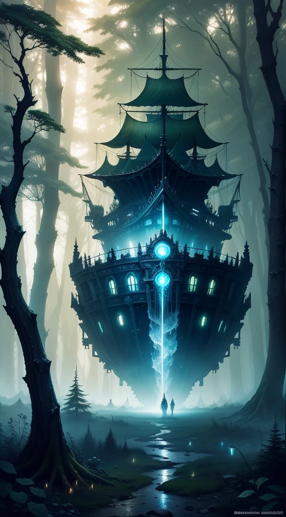 Ghost Ship in the Forest , Fantasy Art, polishing, beautiful, shining, prime time, Cosmic, hyperdetailed, detailed, Rainbow, Ethereal, mystery, inauspicious, energetic, steam, flashing light, Reality