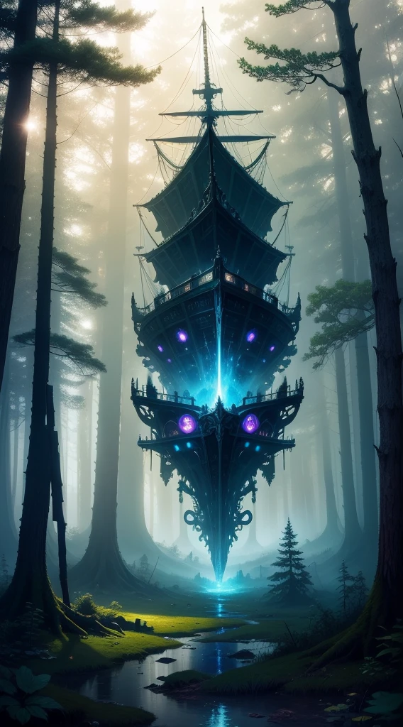 Ghost Ship in the Forest , Fantasy Art, polishing, beautiful, shining, prime time, Cosmic, hyperdetailed, detailed, Rainbow, Ethereal, mystery, inauspicious, energetic, steam, flashing light, Reality