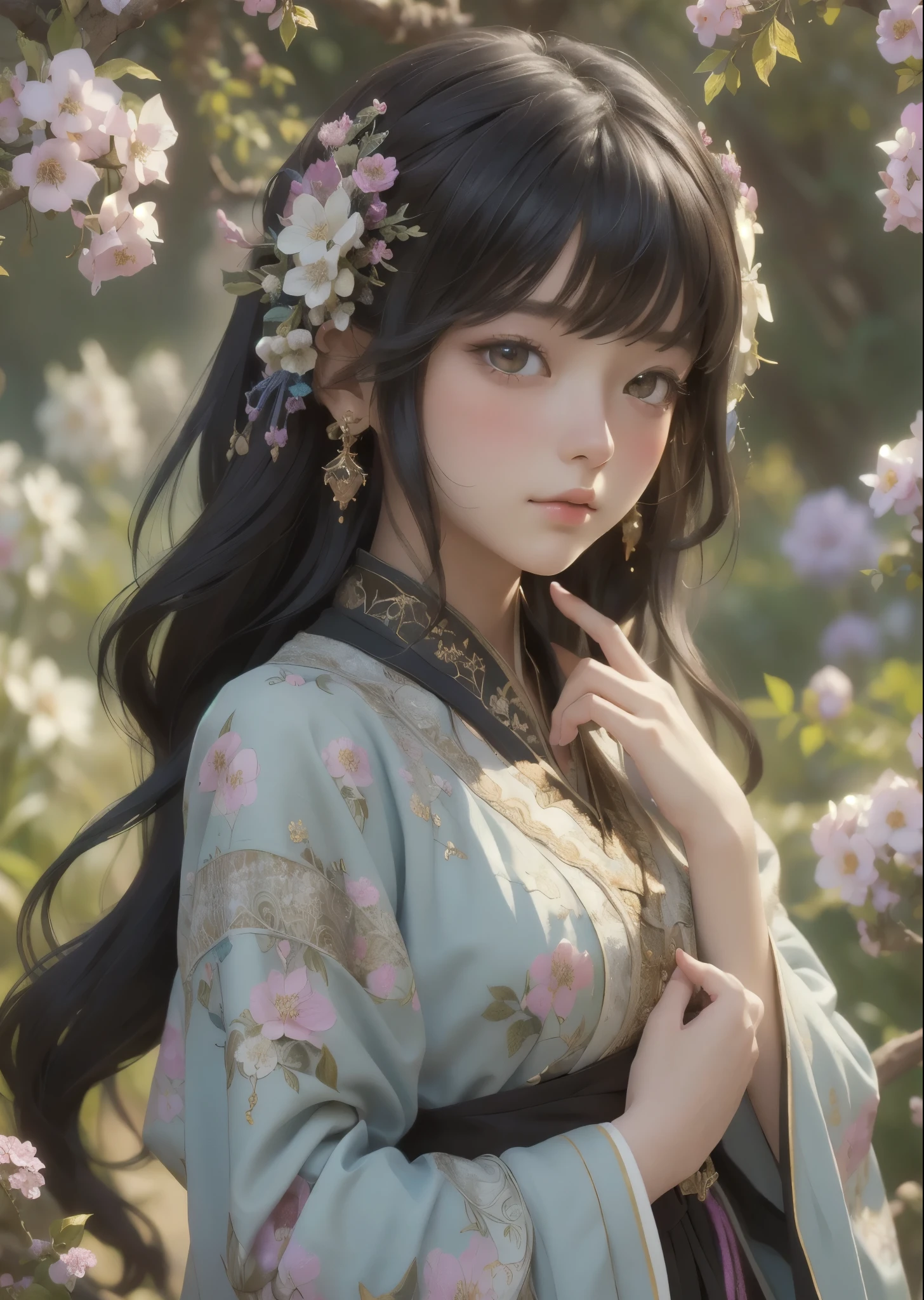 Cute young woman, (masterpiece, highest quality, highest quality, Official Art, beautifully、mysterious:1.2), (Two Girls), Very detailed,(Fractal Art:1.3),colorful,Most detailed, Background with fractals and various floral and greenery details