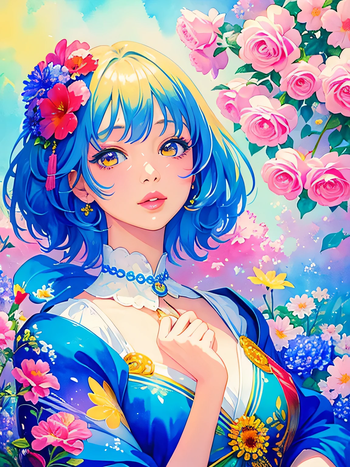 Momoko Sakura style、(((stylish fashion))), 8K Quality、Intense watercolor, Detailed watercolor art, Watercolor splash, Surreal, avant-garde pop art, Beautiful and expressive paintings, Beautiful artwork illustration, Very colorful tones, wonderful, Cool beauty, highest quality、Official Art, Vector art, Stylish design, (((The most beautiful girl))), (((highest quality))), HDR, ((detailed)), (((Doodle Art)), ((masterpiece)), ((Super detailed)), (((Colorful flowers))),(((Stylish))), Lips in Love