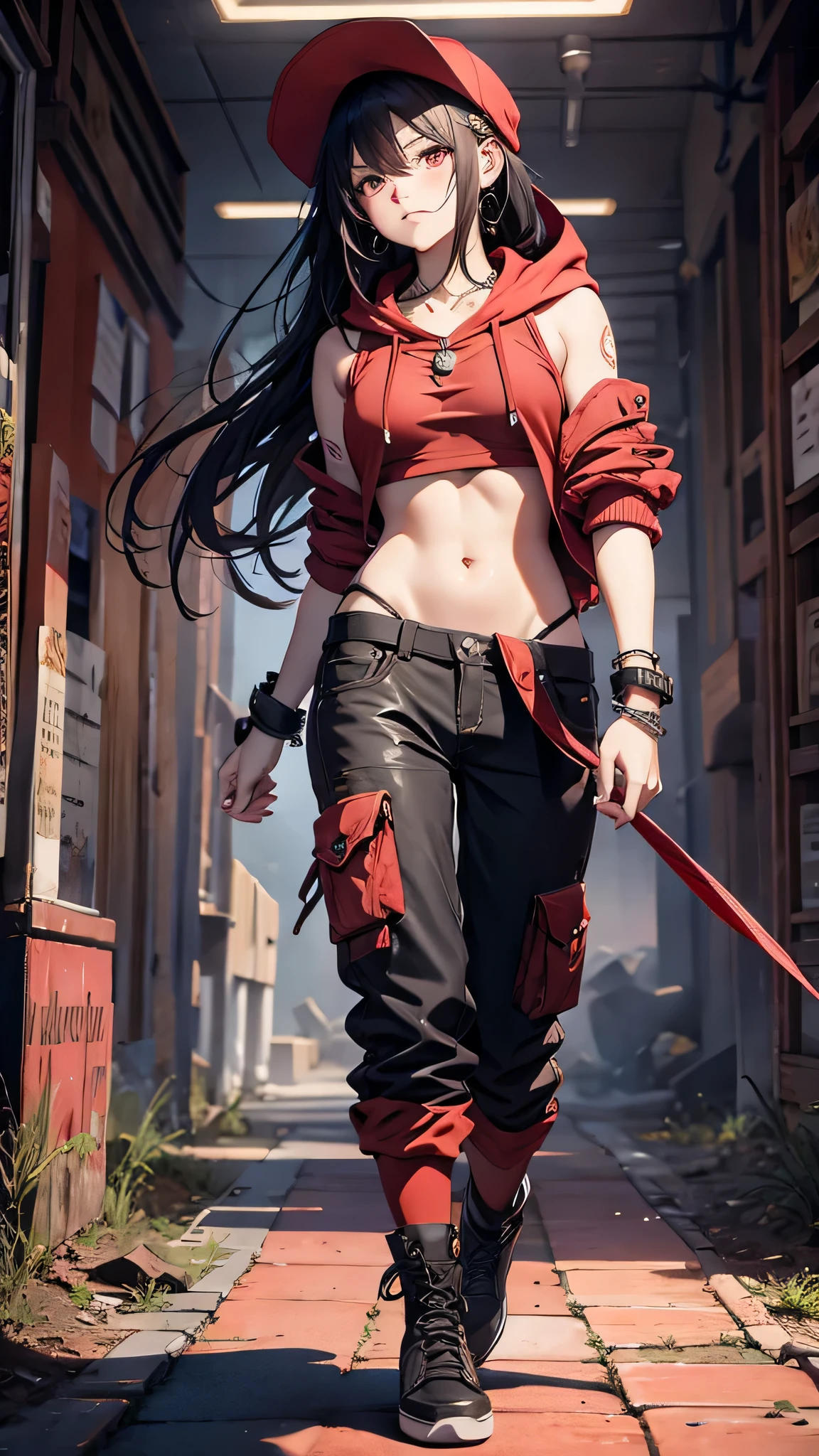 Highest quality、Highest quality、Masterpiece、girl((Metal body,Age 25、as soon as、Highest Bust、Medium Bust、Wide open chest、Red glowing eyes、Black Ear、Red Mesh、Disheveled Hair、Loincloth、thin、The best valley、Open chest、Luminous Wristbands、hair ornaments、Full body view、Black short-sleeved hoodie、Red pants、scar、cell phone、A little muscular、Ruby Necklace、No underwear、hat,Embarrassed face))、high quality、Beautiful Art、background((night、Black and white room))、flight、Flying Debris、Depth of text、movie、Visual Arts、Perfect Art、8K、Genuine、