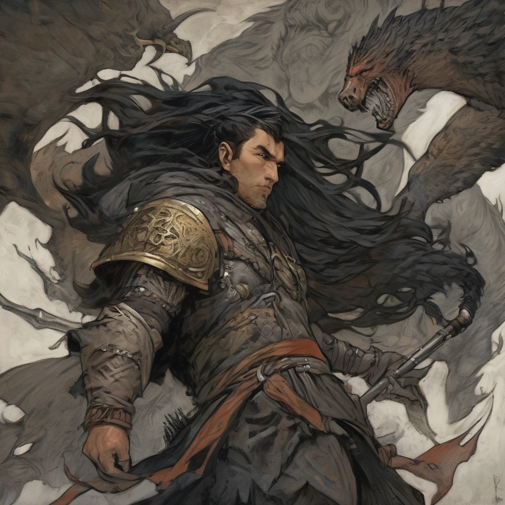 Battle-hardened, dextrous
Constantly moved, gaining broader perspectives but also a restless individualism
Ruggedly built with a roguish reputation, charming yet uncouth with vices, ruggedly handsome, dark ponytail
Outwardly champions his people's independence, inwardly wants any path to dominion
Feels no homeland loyalty, pragmatically embracing forbidden dark arts for an edge