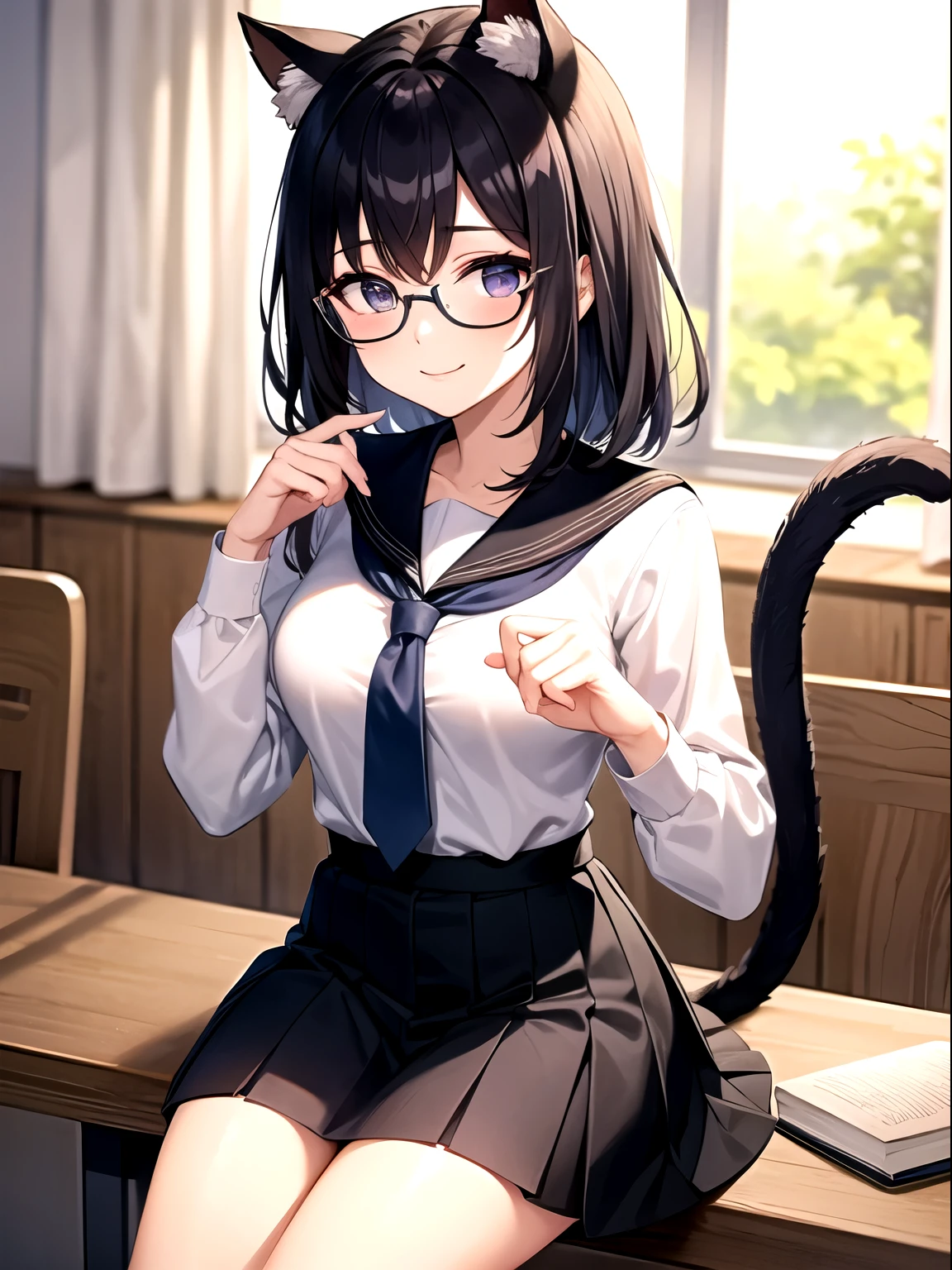 ((best_quality)), (best_detail), 1lady, black_eyes, cat_ears, cat_tail, medium_breasts, straight_hair, black_hair, midium_hair, a_tail_attached_to_the_tailbone, school_uniform, navy_blouse, brown_skirt, white_socks, wearing_glasses, touching_glasses, holding_books, smile, closed_mouth