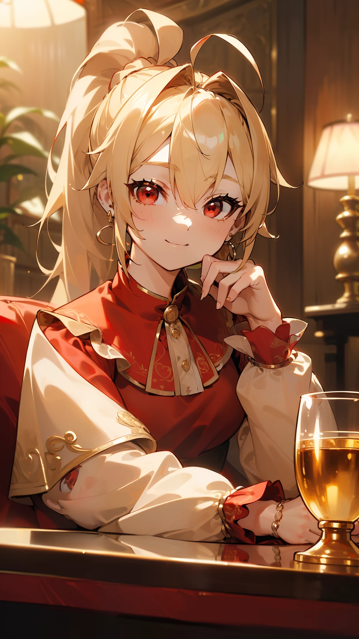 (masterpiece, highest quality)、Intricate details、8k、Sharp focus、(Bokeh) (highest quality) (Detailed skin:1.3) (Intricate details) (8k) (Fine grain) (anime)、(((blonde、ponytail、Round red eyes、Ahoge、smile、red blouse shirt、Gold earrings)))、(Sit with a glass)、((indoor、night、Pub))、Upper body close-up