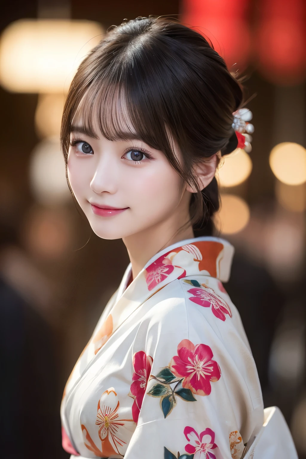 (kimono)、masterpiece、beautiful girl、Beautiful detailed eyes、highest quality, 超A high resolution, (reality: 1.2), Cinema Lighting、(Japanese Girls)、so beautiful、Beautiful Skin、(Looking at the audience)、(Surreal)、(High resolution)、(8k)、(Very detailed)、(Beautiful fine details)、(Very detailed)、 (wallpaper)、Detailed face、Bright lighting、Professional Lighting、Smile