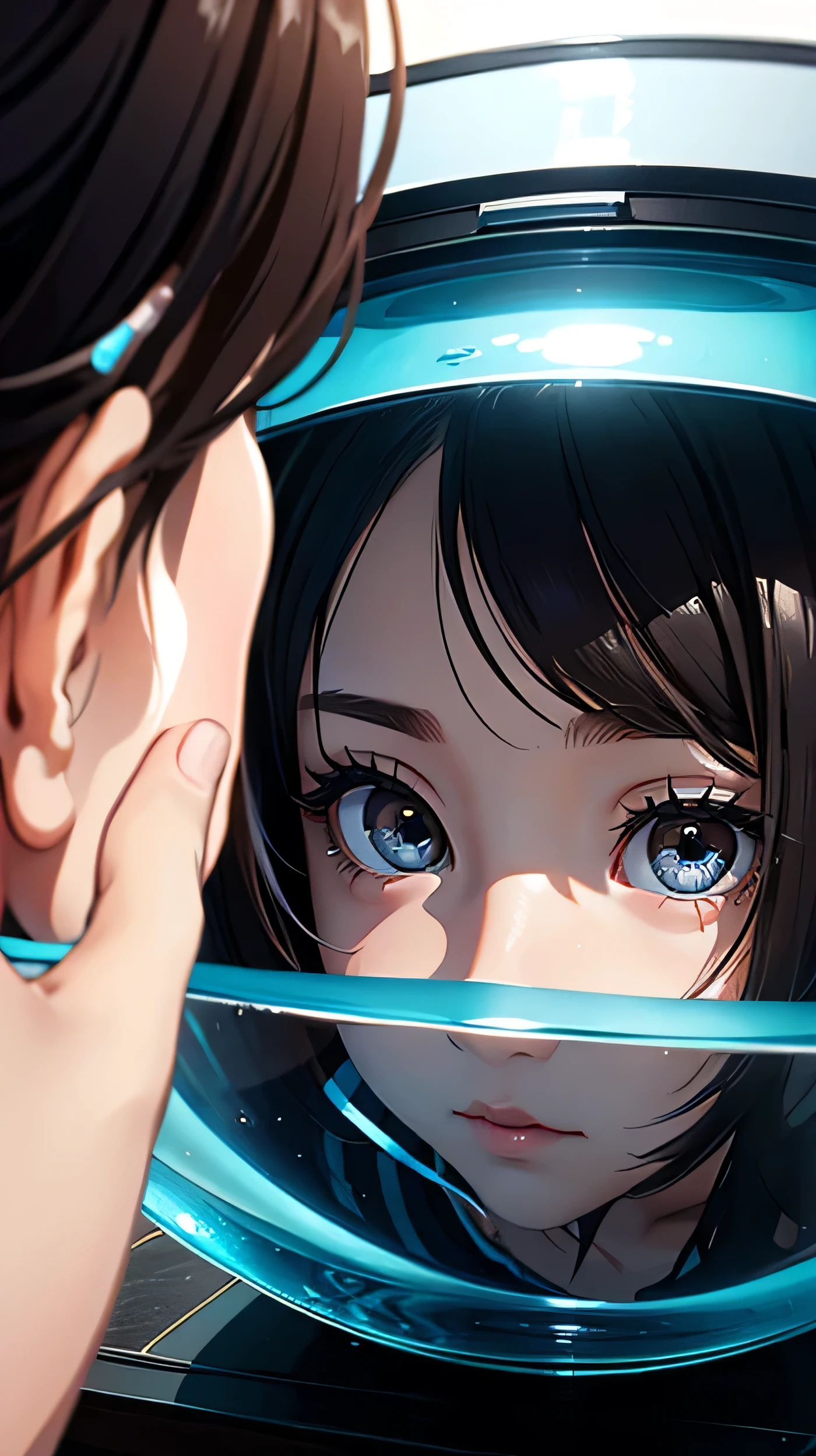 Draw the face of the girl peering in, Reflection Projection, Fish-eye lens shot, Render with a transparent layer,