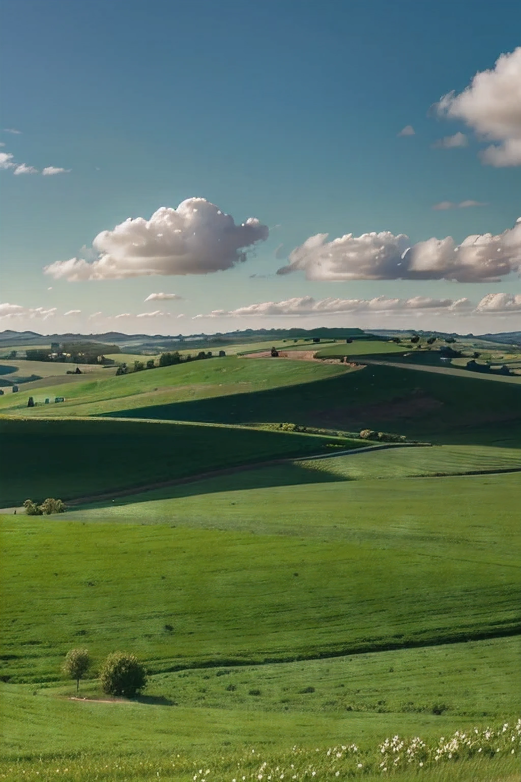 arafed view of a green field with a blue sky and clouds, landscape wallpaper, windows xp wallpaper, nature wallpaper, peaceful landscape, heavenly landscape, breathtaking landscape, windows xp, perfect landscape, amazing wallpaper, scenery wallpaper, background is heavenly, airy landscape, beatiful backgrounds, 360 degrees, panorama