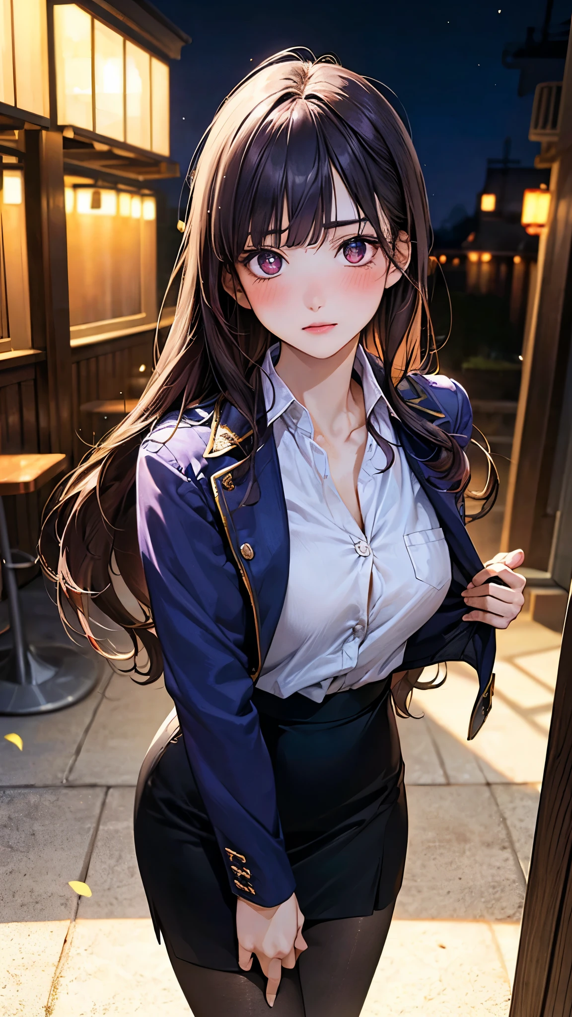 (masterpiece:1.2, top-quality), (realistic, photorealistic:1.4), beautiful illustration, (natural side lighting, movie lighting), nsfw,
looking at viewer, 1 girl, japanese, 22 years old, , perfect face, cute and symmetrical face, babyface, shiny skin,
(long hair:1.8, straight hair:1.7, hair intakes, purple hair), blunt bangs, maroon eyes, big eyes, slant eyes, long eye lasher, (medium breasts, thick thighs),
beautiful hair, beautiful face, beautiful detailed eyes, beautiful clavicle, beautiful body, beautiful chest, beautiful thigh, beautiful legs, beautiful fingers,
((navy jacket, close jacket, navy tight skirt, white collared shirt), black pantyhose), clavicle,
(beautiful scenery), evening, (bar:1.2), standing, (raised eyebrow, nervous, blush),