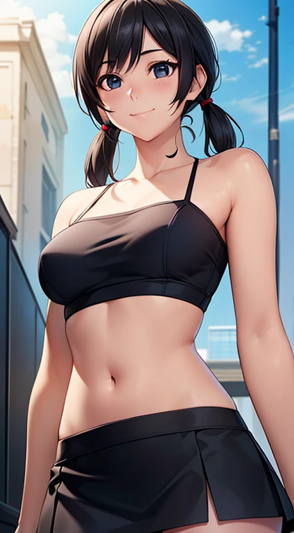 ((masterpiece, highest quality, High resolution, Hmm, Pixel perfect, Depth of written boundary, 4k, RTX, HDR))), 1 Girl, single, alone, Beautiful Anime Girls, Beautiful art style, Sunburned skin, anime character,,(Black hair,,Low twin tails),Black Eye, Narrow eyes, (Smooth texture:0.75, Realistic texture:0.65, Realistic:1.1, Anime CG Style), Medium breast,Perfect body ,(Black Tube Top), mini skirt, smile, Sunburned skin,,Vertical belly button、Skin radiance, High school girls