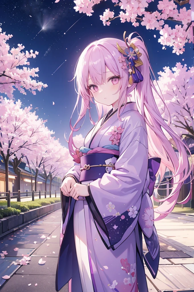1girl,Pink eyes, long light purple hair, wearing a long blue-purple kimono, standing under the cherry blossom tree at night, looking at the shooting stars