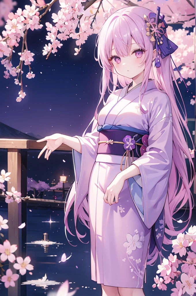 
1girl,Pink eyes, long light purple hair, wearing a long blue-purple kimono, standing under the cherry blossom tree at night, looking at the shooting stars