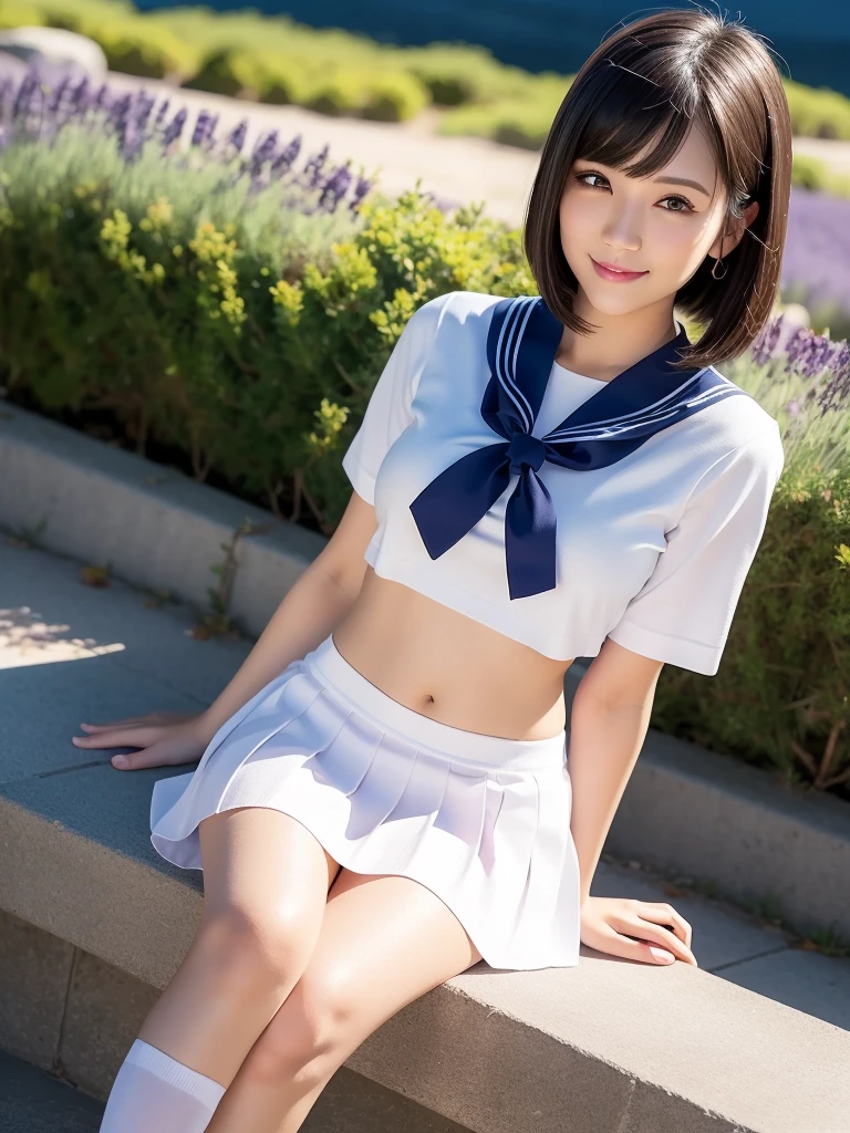(highest quality:1.5)、(Realistic:1.5)、(1 person:1.5)、Very detailed、High resolution、8k、 very very large round breasts、Natural color lips、Cute Smile、Japanese women、20-year-old girl、Beautiful and elegant face、Perfect and beautiful face、Balanced big eyes、Brunette eyes、Beautiful and elegant face、Natural double eyelids、Natural Bangs、Beautiful thin nose、Beautiful Skin、(Medium Bob Hair)、Natural Bangs、Perfect and beautiful face、Slim face and figure、Look at the viewers、Serafuku 、School Sailor Uniform、White short-sleeved translucent blouse shirt, navy pleated micro miniskirt、Knee-high socks、red sailor knot scarf、 Beautiful navel、Open the navel、Wearing a school sailor uniform that shows her navel、her red underwear is exposed 、High-angle composition、(Staring at the camera with a sweet smile)、Bright lighting、Professional Lighting、Forward lighting、Beautiful feet:1.2、Smooth Skin、Slim Body、Slim waistline、slim thin thighs、Sit on the ground、Lavender Fields、Lavender blooming hill、