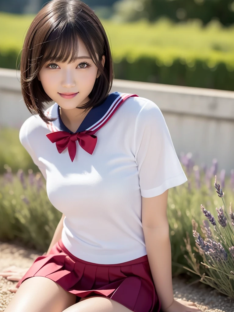 (highest quality:1.5)、(Realistic:1.5)、(1 person:1.5)、Very detailed、High resolution、8k、 very very large round breasts、Natural color lips、Cute Smile、Japanese women、20-year-old girl、Beautiful and elegant face、Perfect and beautiful face、Balanced big eyes、Brunette eyes、Beautiful and elegant face、Natural double eyelids、Natural Bangs、Beautiful thin nose、Beautiful Skin、(Medium Bob Hair)、Natural Bangs、Perfect and beautiful face、Slim face and figure、Look at the viewers、Serafuku 、School Sailor Uniform、White short-sleeved translucent blouse shirt, navy pleated micro miniskirt、Knee-high socks、red sailor knot scarf、 Beautiful navel、Open the navel、Wearing a school sailor uniform that shows her navel、her red underwear is exposed 、High-angle composition、(Staring at the camera with a sweet smile)、Bright lighting、Professional Lighting、Forward lighting、Beautiful feet:1.2、Smooth Skin、Slim Body、Slim waistline、slim thin thighs、Sit on the ground、Lavender Fields、Lavender blooming hill、