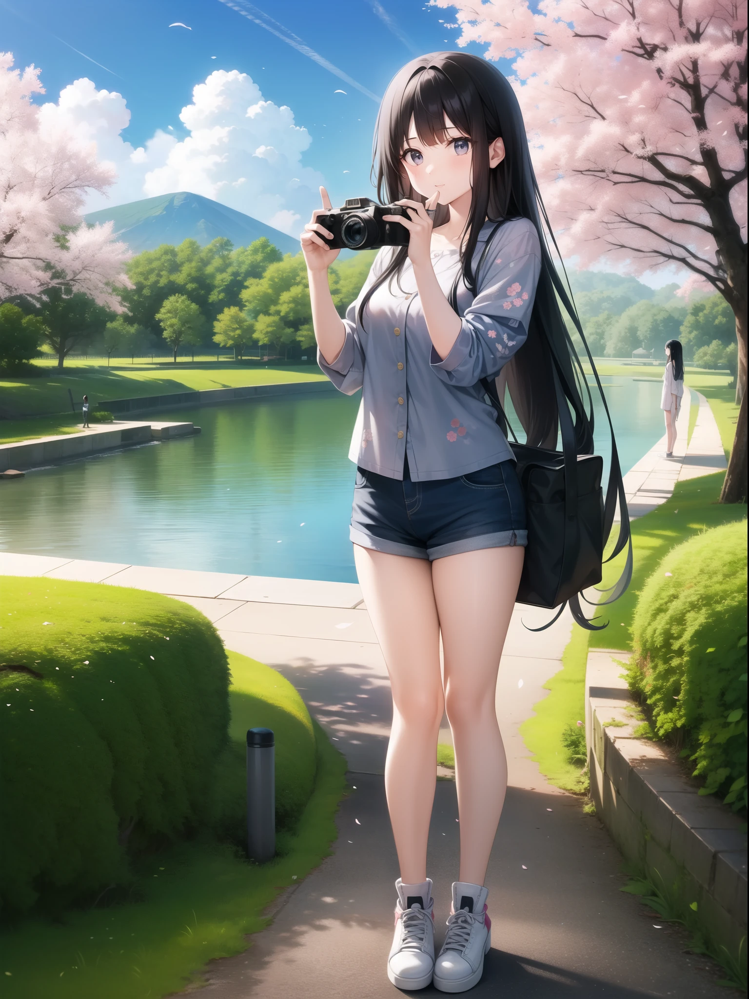 A young woman with shoulder-length black hair、Wearing a grey floral shirt、A detailed illustration of a person making a peace sign while holding a camera。she、Standing in front of a partially abandoned historic building with a domed structure、Cherry blossom trees in full bloom々It is located in a scenic environment surrounded by rivers and。The sky is clear and blue、In the background, several people are enjoying the scenery々There are。