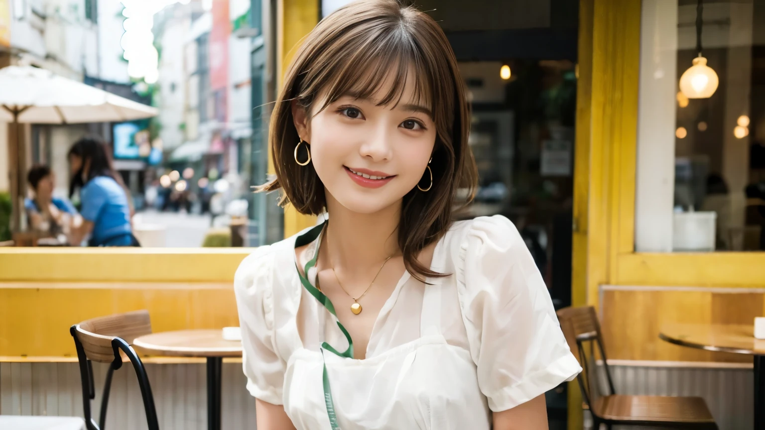 super high quality, short hair, thin, Photography Sculpture, The staff is working at the counter in the back.., (8k、RAW Photos、highest quality、masterpiece:1.2), Japanese Idols, Shaggy, Stylish cafe, People having fun at the cafe々Bustling with., (Realistic、Realistic:1.37), Mesh Hair, Urban Cafe, Golden Ratio, RAW Photos, Cute Face , Light brown hair, Earrings, Small breasts, Bright cafe interior, Beauty Salon Model, Spring Clothes, necklace, White shirt, Spoiled, Cafe Terrace, Open Cafe, Open Cafeの前に高級車, smile, Hair blowing in the wind, Dress neatly, 18-year-old, younger sister,