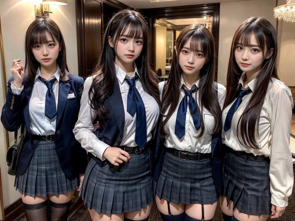 master piece, best quality, illustration, Super detailed, fine details, High resolution, 8K,wall paper, perfect dynamic composition,(Details High quality, realistic depiction of eyes:1.3), ((2 girls, 2 schoolgirls)), The background is a luxury hotel room、High school girl uniform、blazer 、Super Short Check Uniform Skirt、Navy blue high socks、garterbelts、Colossal tits、Disturbed uniform, Play with each other,Touching each other's bodies,Touching the body of the girl next door, short bob hair, black hair color, huge breasts, Big Natural Color Lip, bold sexy pose, (perfect body shape), crying a little、cold gaze, Harajuku style、Beautiful makeup,glitter makeup,Cutest 18 years old, beautiful legs, hposing Gravure Idol, Voluptuous thighs
