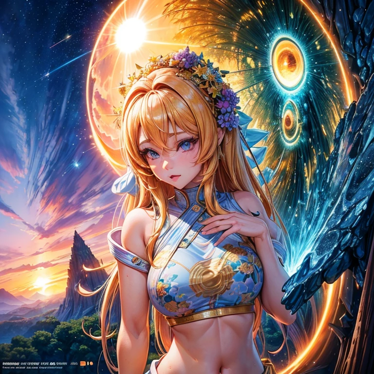 A fashion super-model, summer outfits, standing beside detailed sun, at a sunrise, vivid colors forest, showcasing her big expressive eyes, digital render, ultra fine, golden ratio, Miki Asai Macro photography, close-up, hyper detailed, trending on artstation, sharp focus, studio photo, intricate details, highly detailed