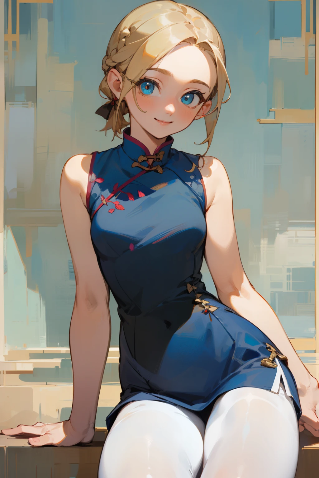 (masterpiece), ((best quality)), (super detailed), (beautiful eyes beautiful details eyes, Clean and delicate face), Single Braided blonde pony tail, parted bangs, forehead, blue eye, smile, ((white Cheongsam)), Sleeveless, pantyhose, thigh, Alphonse Mucha