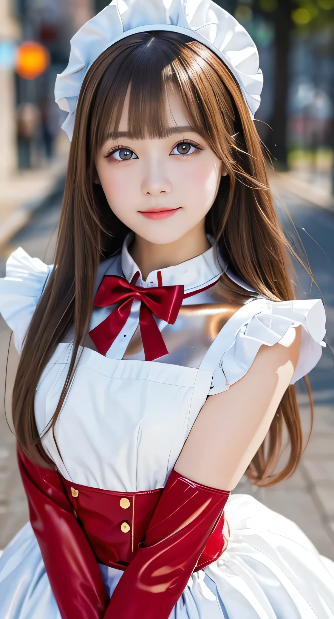 Angelic very beautiful cute young girl,
Beautiful detailed eyes, (5 yo:1.2),
Detailed double eyelids,
(Soft Saturation: 1.3), 
(Fair skin: 1.3),v-line jaw,
(Large eyes:1.4),
Long straight brown hair, 
see-through bangs,
Sharp Focus,
beautiful detailed face and eyes, 
drooping eyes,
small straight nose,
small mouth, 
happy smiling with visible teeth, 85mm lens, F/8.0,BREAK (Super shiny white and metallic red maid costume :1.3),Walking,Brown hair ,(Costumes with strong reflective surfaces:1.3),
(Best Quality:1.2),(Maid costume:1.5),
Raw photo, 
High resolution, 
perfect  detail, 
Professional Photography, 
Professional Lighting,
Powerful lighting of the costume,In the street