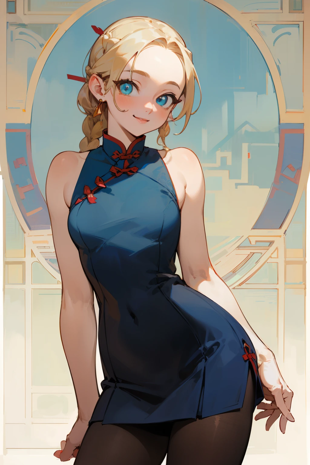 (masterpiece), ((best quality)), (super detailed), (beautiful eyes beautiful details eyes, Clean and delicate face), Single Braided blonde pony tail, parted bangs, forehead, blue eye, smile, wearing mini white Cheongsam, Sleeveless, pantyhose, thigh, Alphonse Mucha