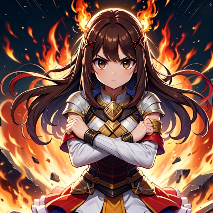 masterpiece,highest quality,Very detailed,One girl,alone,Severe,concentrate,V-shaped eyebrows,
Ah ah,Long Hair,Brown Hair,Braiding,Brown eyes,Exposing shoulders,armor,breastplate,White sleeves,Removable sleeves,Red Skirt,Pleated skirt,White knee socks,
break
(((crossing arms in an X shape,crossed arms,Clenched hands))),cross,cross,Place your hand on your chest,(((Surrounded by dynamic and vibrant flames,combustion,fire))),