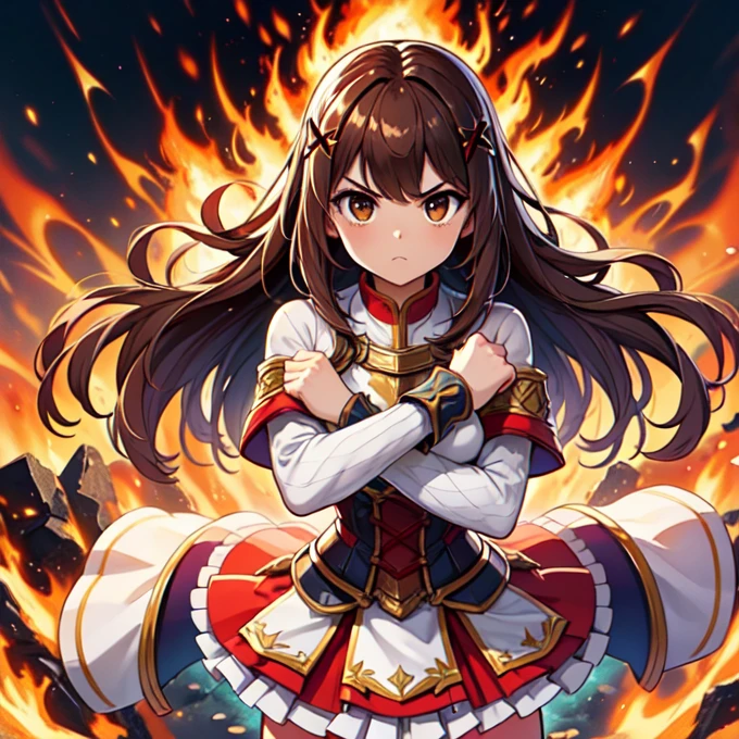 masterpiece,highest quality,Very detailed,One girl,alone,Severe,concentrate,V-shaped eyebrows,
Ah ah,Long Hair,Brown Hair,Braiding,Brown eyes,Exposing shoulders,armor,breastplate,White sleeves,Removable sleeves,Red Skirt,Pleated skirt,White knee socks,
break
(((crossing arms in an X shape,crossed arms,Clenched hands))),cross,cross,Place your hand on your chest,(((Surrounded by dynamic and vibrant flames,combustion,fire))),