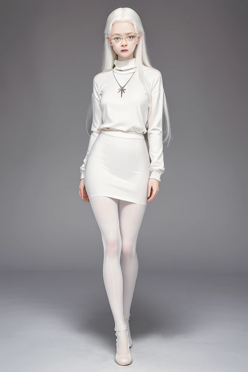 ((full body:1.4)),(nude:1.3). Cute 18 yo (albino:1.4)woman of Slavic descent.(short:1.1), , long white hair, gray eyes, ((very pale:1.4)). Innocent look. Gentle spirit.(virgin), Eyeglasses, turtleneck, necklace, gray pencil skirt, (black pantyhose), Mary Janes with straps.(joy)
