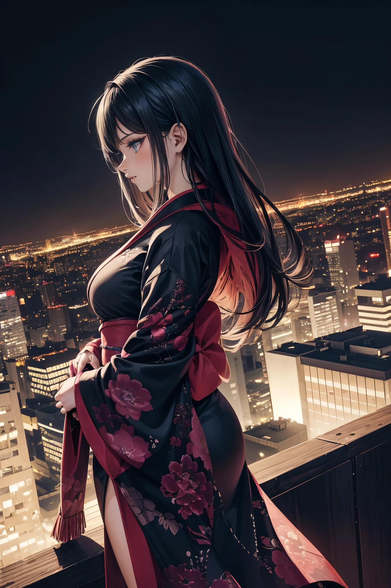 anime, (obra de arte, melhor qualidade, ultra-detalhado, alto contraste), 1 mulher (Sozinho, corpo todo, corpo plus size, standing on the edge of the skyscraper, cabelo prateado, CABELO LONGO E FLUXO, olhos vermelhos brilhantes de rubi, (Kimono preto, black cybernetics with neon pink), meias pretas transparentes), (skyscraper roof, com vista para uma cidade, fundo detalhado ((Night time, darkness, low light pollution)))
