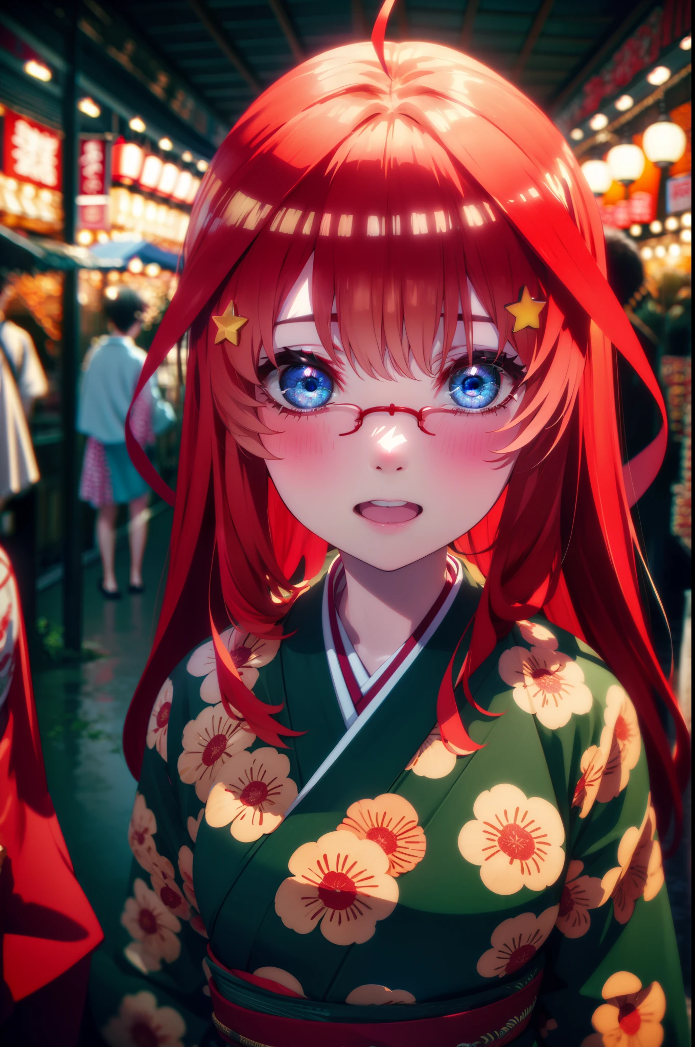 itsukinakano, Itsuki Nakano, bangs, blue eyes, Hair between the eyes, Ahoge, Redhead, star \(symbol\), hair ornaments, star hair ornaments,Akagi Glasses,smile,blush,Happy atmosphere,Open your mouth,Long Hair,Tie your hair back,red kimono,,Thick sleeves,Sandals,White tabi,night空の花火,Fireworks display,Japanese Festivals,Summer festival food stalls,Red Lantern, night,whole bodyがイラストに入るように,Looking down from above,
break outdoors, shrine,                                              break looking at viewer,whole body,
break (masterpiece:1.2), highest quality, High resolution, unity 8k wallpaper, (shape:0.8), (Beautiful and beautiful eyes:1.6), Highly detailed face, Perfect lighting, Highly detailed CG, (Perfect hands, Perfect Anatomy),