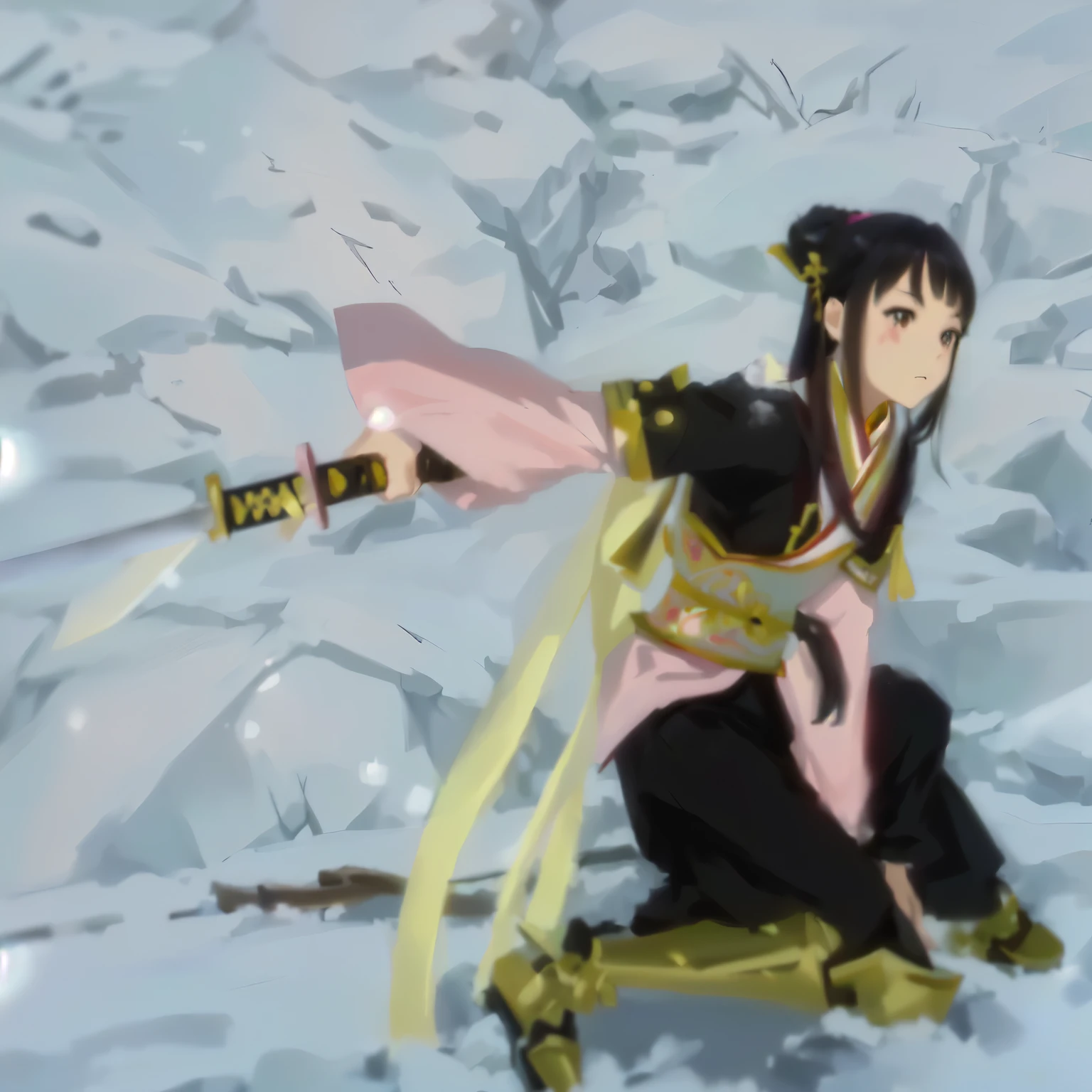 Super detailed, high quality,anime girl in a pink outfit sitting on a snow covered ground, full body wuxia, inspired by Li Mei-shu, injury, painful expression,dramatic wielding katana pose, sao style anime, wielding a keris sword,wielding a katana, injury,many blood,8k