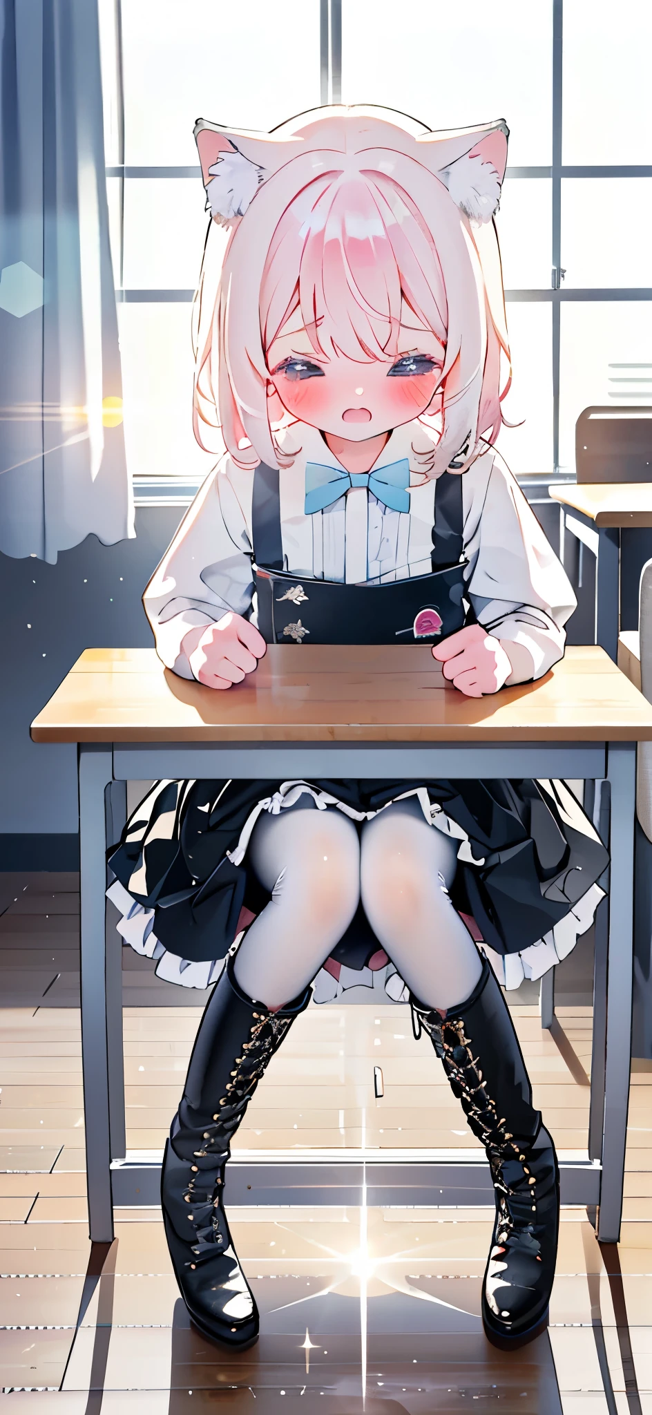 深色短发girl,Shy,blush,Maid costume,Black boots,classroom场景,For the audience,,White pantyhose,blush害羞,classroom scene,girl,,((absurd)), ((on the table)), (best quality), (lens flare), (Super detailed), (Fair), ((cute girl)), solitary, Fair face, White skin, on the table, (10 : 1.3), , 、A girl goes to the toilet、 eternal, cry, Close your eyes, Tears flow from the eyes, The embarrassment comes from, blush), (girl is peeing: 1.2),, look away, sit, Awkward, blush, Mouth slightly open, classroom (girl leaking urine): 1.5),Cat girl,Cat,Tail