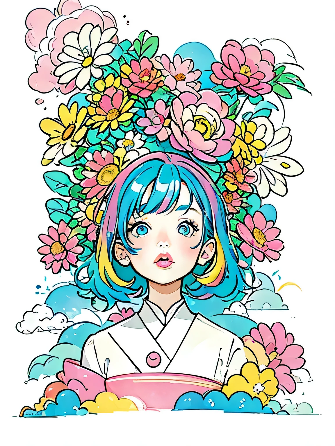 Momoko Sakura style、(((stylish fashion))), 8K Quality、Intense watercolor, Detailed watercolor art, Watercolor splash, Surreal, avant-garde pop art, Beautiful and expressive paintings, Beautiful artwork illustration, Very colorful tones, wonderful, Cool beauty, highest quality、Official Art, Vector art, Stylish design, (((The most beautiful girl))), (((highest quality))), HDR, ((detailed)), (((Doodle Art)), ((masterpiece)), ((Super detailed)), (((Colorful flowers))),(((Stylish))), Lips in Love