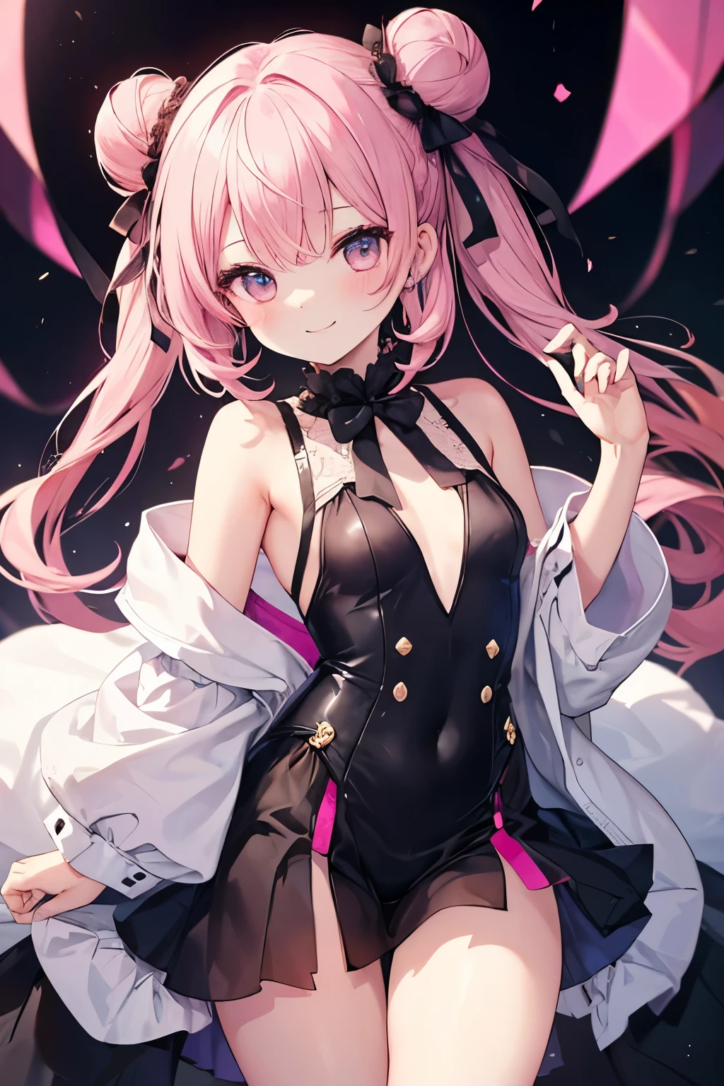 Pink Hair、ピンク目girl、Small breasts、Hair Bun、girl、Small breasts、Lolita、Bright smile、Looks about 15 years old、Petan Musume、short、目のhighlight、Sexy thighs、it's raining、My clothes are wet from the rain and are transparent、Your eyes are so beautiful、highlight