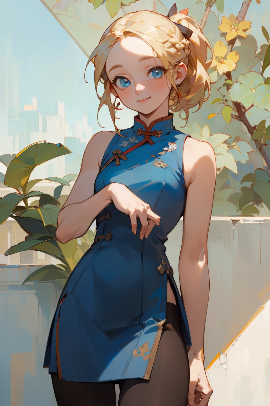 (masterpiece), ((best quality)), (super detailed), (beautiful eyes beautiful details eyes, Clean and delicate face), Single Braided blonde pony tail, parted bangs, forehead, blue eye, smile, wearing Luxury mini Cheongsam, Sleeveless, pantyhose, thigh, Alphonse Mucha