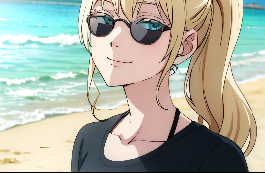 OLIVIA, , 1girl, solo, facing viewer, looking at viewer, upper body, ponytail, smile, wear black sunglasses, on the beach, wear sundress