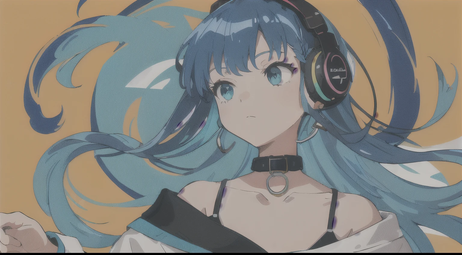 (masterpiece, High resolution, Super Resolution, clear, Soft Art) (Look to the side, Look to the left:1.3), One girl, alone, Are standing, Upper Body, Face only, close, Light aqua hair, Aqua Eye,Headphones , (Inner hair color, Dark blue hair:1.3), Long Hair, Wavy Hair, Hime cut, Straight hair, Side Lock, Black sweater, High collar, Open collar, clavicle,,Vivid and colorful backgrounds, Boring Background, Beautiful fine details, Fine hand,Pop Buddhist Fashion