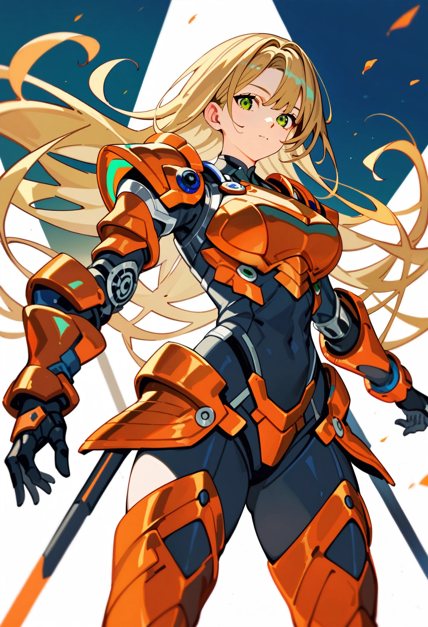 1girl,solo,Sala,original,blonde hair ,green eyes,white bodysuit,orange armor,ultra-detailed,sharp focus,aesthetic,(best quality) ,score_9, score_8_up, score_7_up,source_anime,rating_safe,