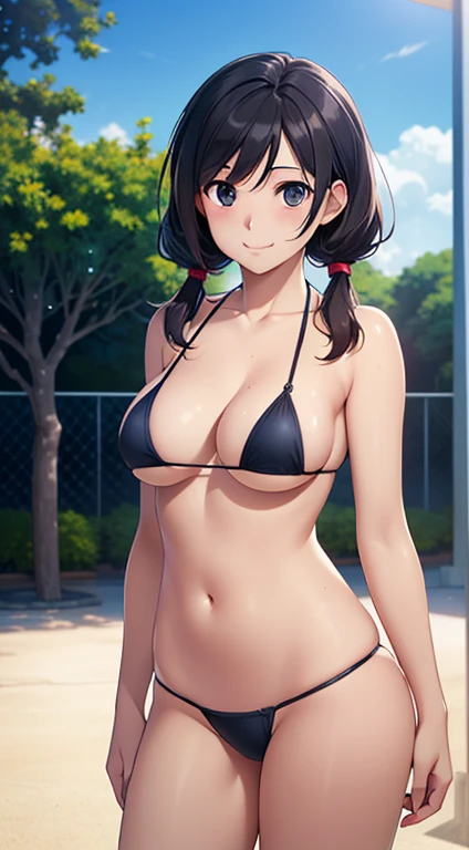 ((masterpiece, highest quality, High resolution, Hmm, Pixel perfect, Depth of written boundary, 4k, RTX, HDR))), 1 Girl, single, alone, Beautiful Anime Girls, Beautiful art style, Sunburned skin, anime character,,(Black hair,,Low twin tails),Black Eye, Narrow eyes, (Smooth texture:0.75, Realistic texture:0.65, Realistic:1.1, Anime CG Style), Medium breast,Perfect body ,Micro Bikini,Thong, smile, Sunburned skin,,Vertical belly button、Skin radiance, High school girls