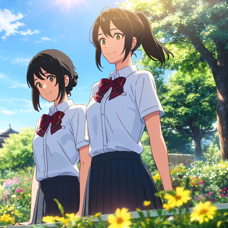 miyamizu_Mitsuha,(Upper Body),(smile),yellow , White shirt, Black School Skirt, Outdoor,(light:1.2),(sun:1.2),(blue sky:1.1), garden,Flowers,grass,wood,