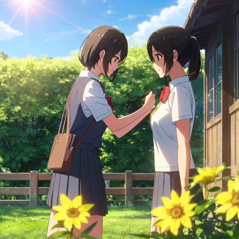 miyamizu_Mitsuha,(Upper Body),(smile),yellow , White shirt, Black School Skirt, Outdoor,(light:1.2),(sun:1.2),(blue sky:1.1), garden,Flowers,grass,wood,