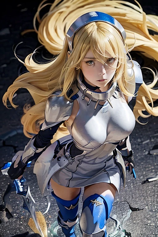 ais, 1girl, solo, blonde hair, armor, long hair, straight hair, thighhighs, boots, dress, yellow eyes, thigh boots, blue long boots, blue footwear, covered navel, breastplate, shoulder armor, gloves, white dress