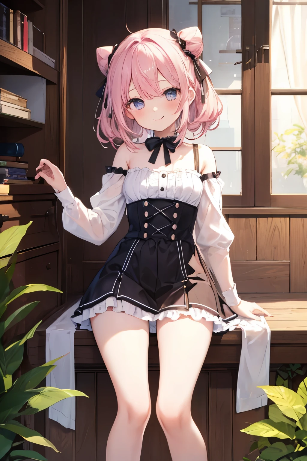 Pink Hair、ピンク目girl、Small breasts、Hair Bun、girl、Small breasts、Lolita、Bright smile、Looks about 、Petan Musume、short、目のhighlight、Sexy thighs、It&#39;s raining outside、My clothes are wet from the rain and are transparent、Your eyes are so beautiful、highlight