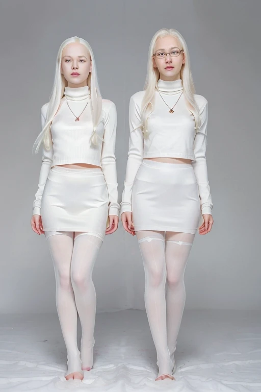 ((full body:1.4)),Cute 18 yo (albino:1.4)woman of Slavic descent.(short:1.1), , long white hair, gray eyes, ((very pale:1.4)). Innocent look. Gentle spirit.(virgin), Eyeglasses, turtleneck, necklace, gray pencil skirt, (black pantyhose), Mary Janes with straps.(joy)