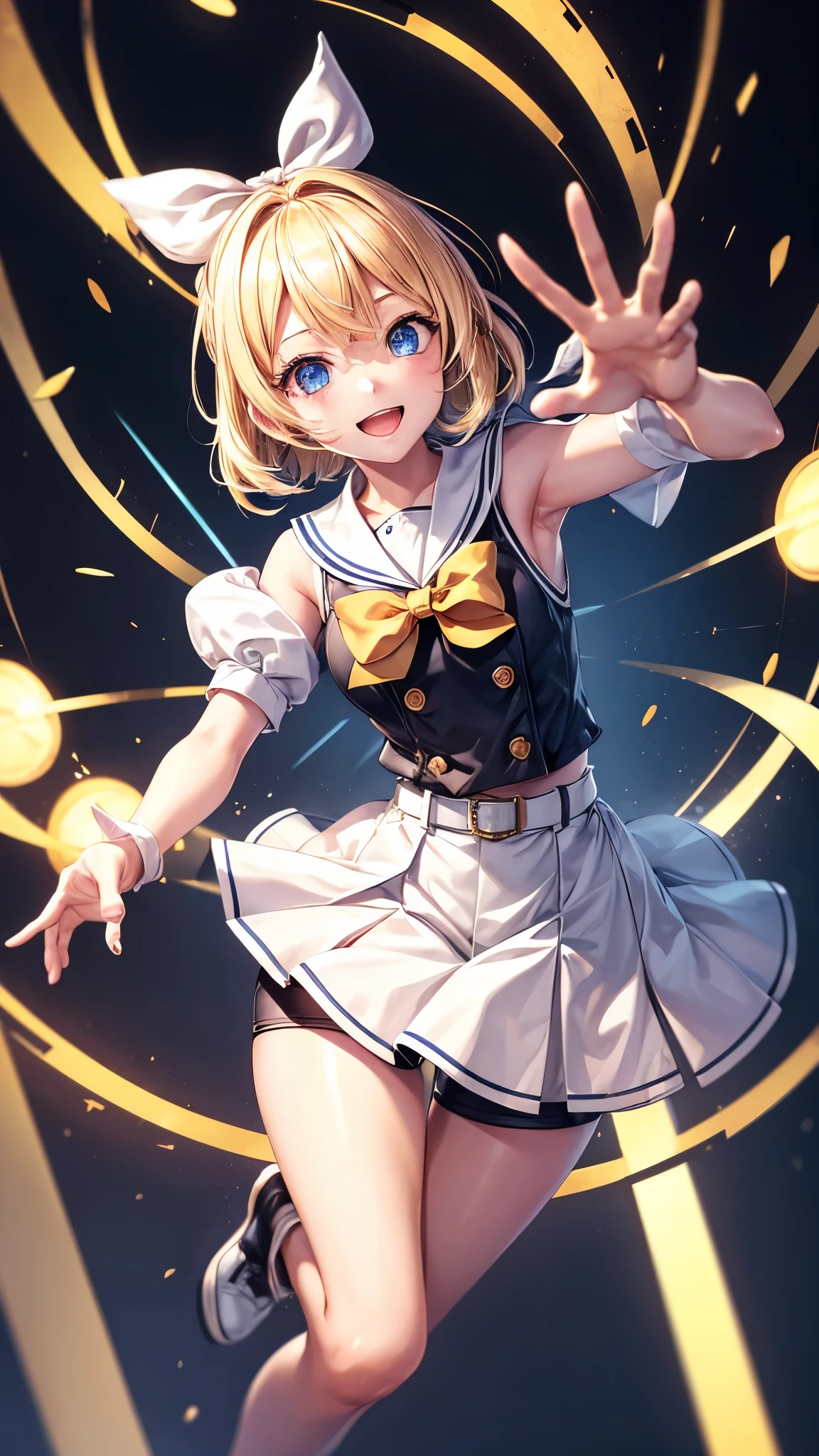 8K,Extremely detailed CG unit wallpaper, masterpiece,High resolution,Top quality,Top quality real texture skin,Surrealism,Improve resolution,RAW photos,Best quality,Very detailed,wallpaper,movie lighting,Ray Tracing,Golden Ratio, rest ,Kagamine Rin\(singing\),Solitary,1 Girl,Lovely,Kawaii,A big smile,hair is floating,blue eyes,big eyes,Blonde Hair,short hair, digital tattoo,(White bow),White shirt,Detached black sleeves,belt,Sailor collar,earphone,Black shorts,Black Leggings,In stage,Song and Dance,(Please generate the hand correctly when generating the hand:1.4),hapiness,Lovely pose,Dynamic poses,Dynamic angle,Two Legs