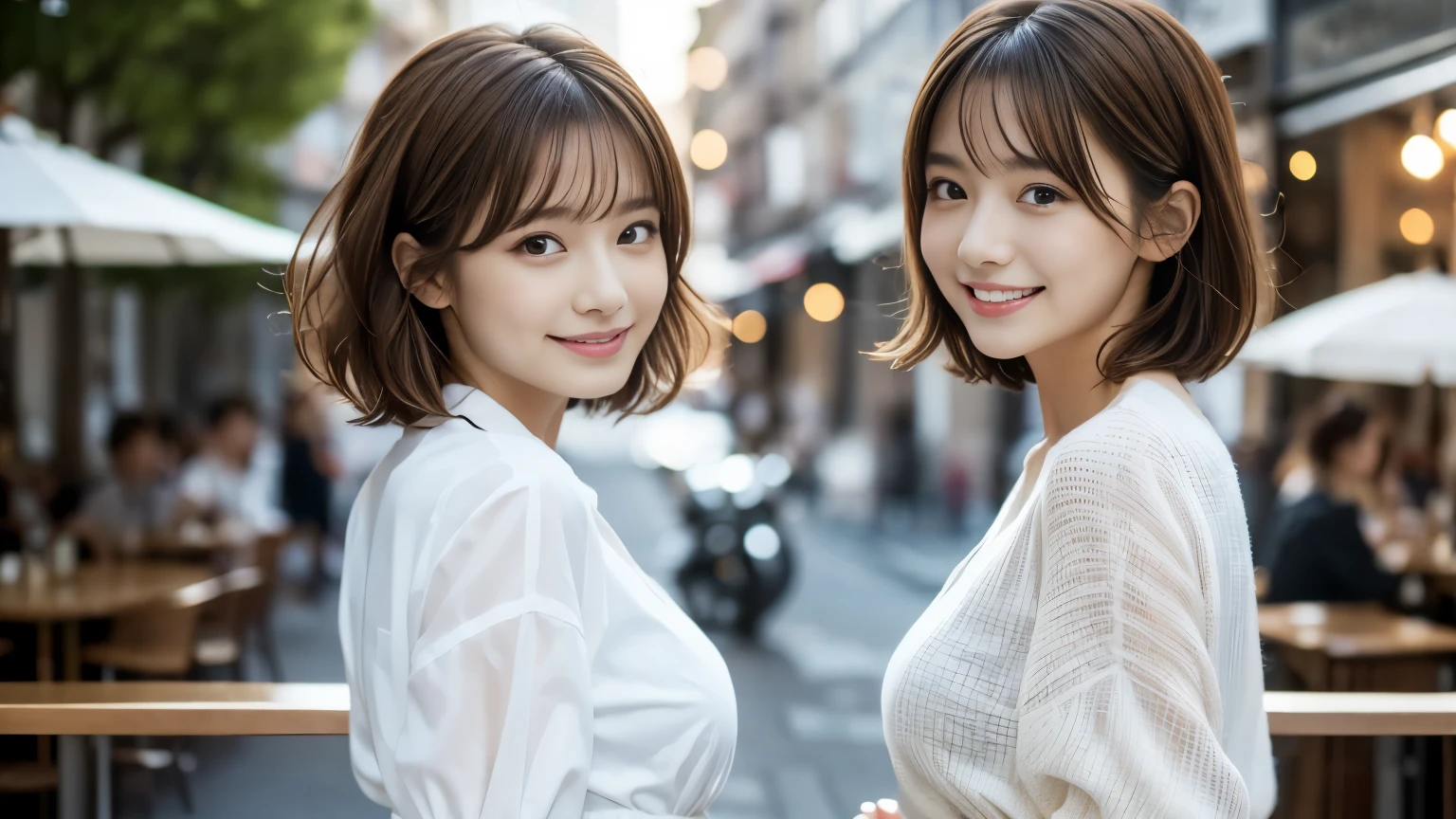 super high quality, short hair, thin, Photography Sculpture, The staff is working at the counter in the back..., (8k、RAW Photos、highest quality、masterpiece:1.2), Japanese Idols, People having fun at cafe々々Bustling., (Realistic、Realistic:1.37), Mesh Hair, Urban Cafe, Golden Ratio, RAW Photos, Cute Face , Light brown hair, Small breasts, Blurred Background, Spring Clothes, Curly Hair, Well designed furniture, Beautiful Hairstyles, White shirt, Spoiled, Cafe Terrace, Open Cafe, 20-year-old, A kind smile, Hair blowing in the wind, Dress appropriately, 

