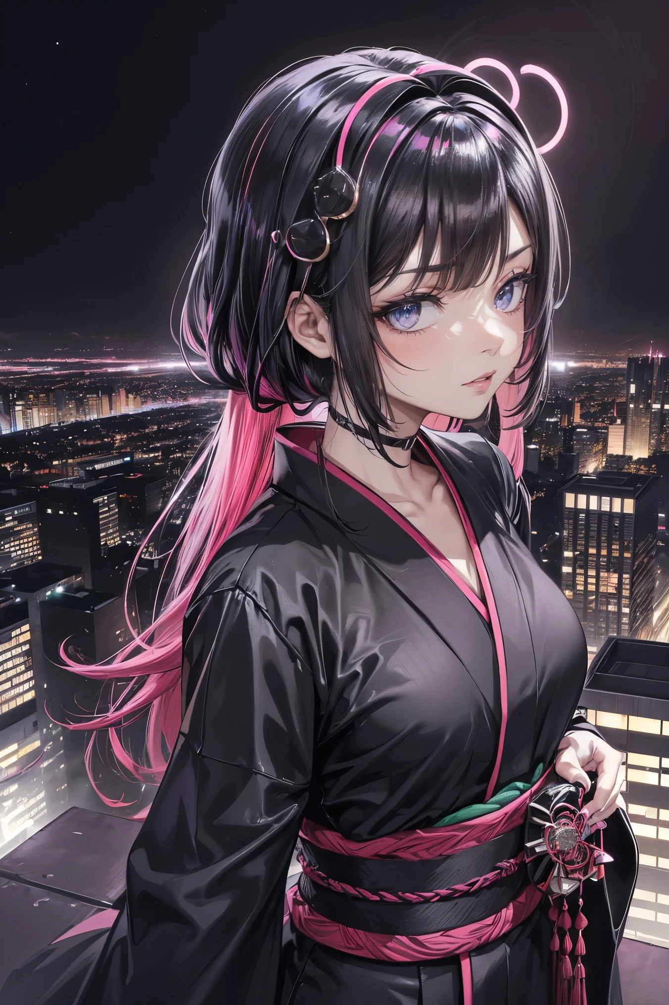 anime, (obra de arte, melhor qualidade, ultra-detalhado, alto contraste), 1 mulher (Sozinho, corpo todo, corpo plus size, standing on the edge of the skyscraper, cabelo prateado, CABELO LONGO E FLUXO, olhos vermelhos brilhantes de rubi, (Kimono preto, black cybernetics with neon pink), meias pretas transparentes), (skyscraper roof, com vista para uma cidade, fundo detalhado ((Night time, darkness, low light pollution)))