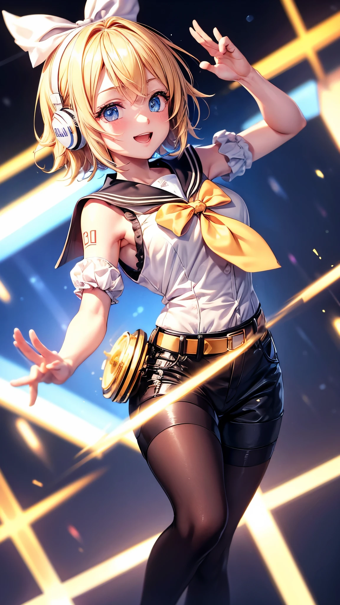 8K,Extremely detailed CG unit wallpaper, masterpiece,High resolution,Top quality,Top quality real texture skin,Surrealism,Improve resolution,RAW photos,Best quality,Very detailed,wallpaper,movie lighting,Ray Tracing,Golden Ratio, rest ,Kagamine Rin\(singing\),Solitary,1 Girl,Lovely,Kawaii,A big smile,hair is floating,blue eyes,big eyes,Blonde Hair,short hair, digital tattoo,(White bow),White shirt,Detached black sleeves,belt,Sailor collar,earphone,Black shorts,Black Leggings,In stage,Song and Dance,(Please generate the hand correctly when generating the hand:1.4),hapiness,Lovely pose,Dynamic poses,Dynamic angle,Two Legs