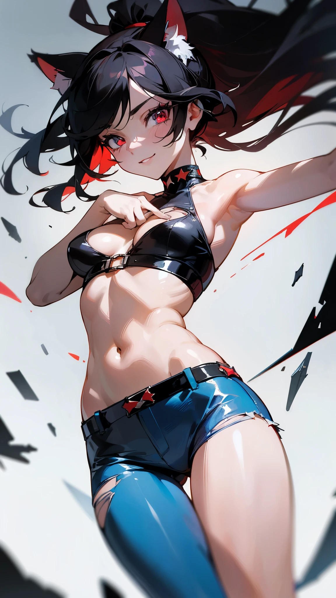 8K,Extremely detailed CG unit wallpaper, masterpiece,High resolution,Top quality,Top quality real texture skin,Surrealism,Improve resolution,RAW photos,Best quality,Very detailed,wallpaper, rest ,Solitary,1 Girl,Lovely,Kawaii,Evil smile,hair is floating,Messy hair,Black Hair,long hair,Double ponytail hair,Pale skin,Skin color blue,eyes are red,Red eyes sparkling,big eyes,Torn clothes,Tight tube top,Chest,Tight hot pants,Dynamic poses,Dynamic angle,showing stomach,Punk fashion,(cat&#39;s black ears:1.4),external,Noisy city,Backstreet,Narrow streets,streetlight,[Red Cliff],whole body,[Cat&#39;s Tail]