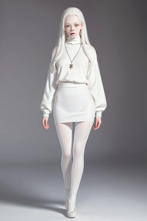 ((full body:1.4)),Cute 18 yo (albino:1.4)woman of Slavic descent.(short:1.1), , long white hair, gray eyes, ((very pale:1.4)). Innocent look. Gentle spirit.(virgin), Eyeglasses, turtleneck, necklace, gray pencil skirt, (black pantyhose), Mary Janes with straps.(joy)