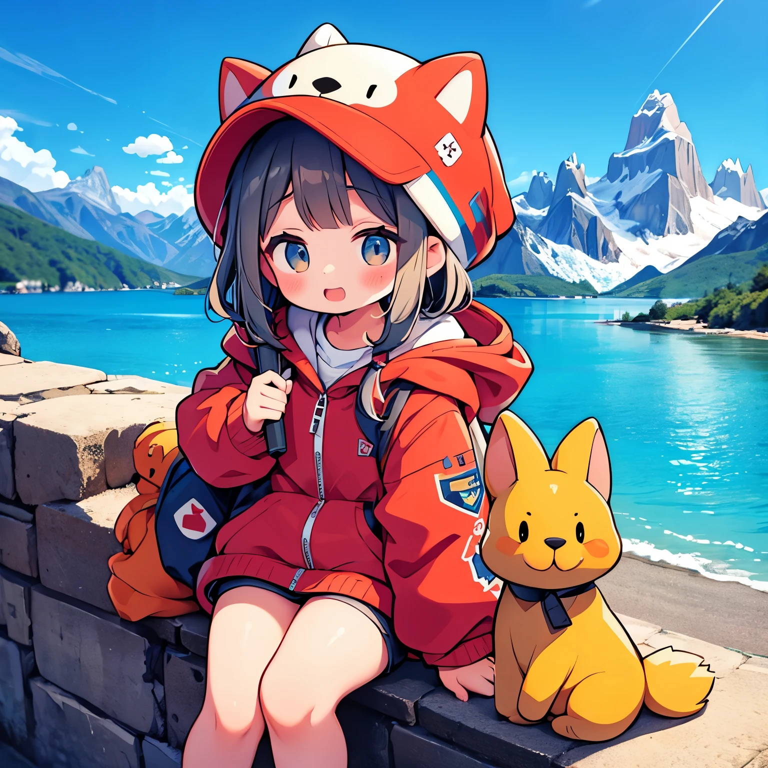 Tourism in Patagonia、Fitz Roy、Kawaii Girl、Patagonia Costumes、happily face、、Brown skin、masterpiece、top-quality、Top image quality
